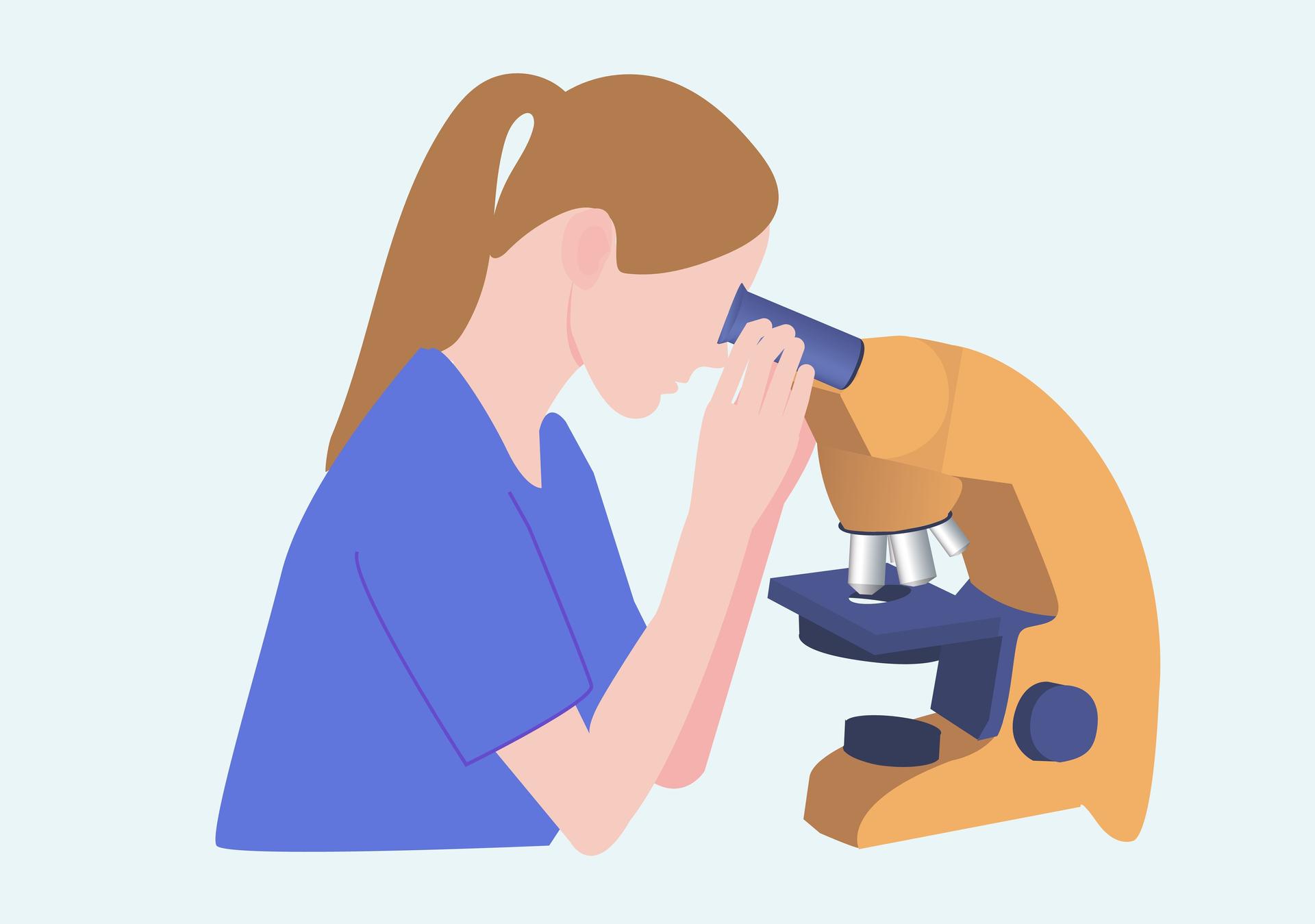 Die Illustration zeigt eine Frau die mit einem Mikroskop Gewebeproben untersucht.