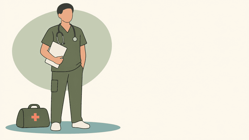 Flache Illustration einer ärztlichen Fachperson mit Stethoskop, Aktenmappe und medizinischer Tasche