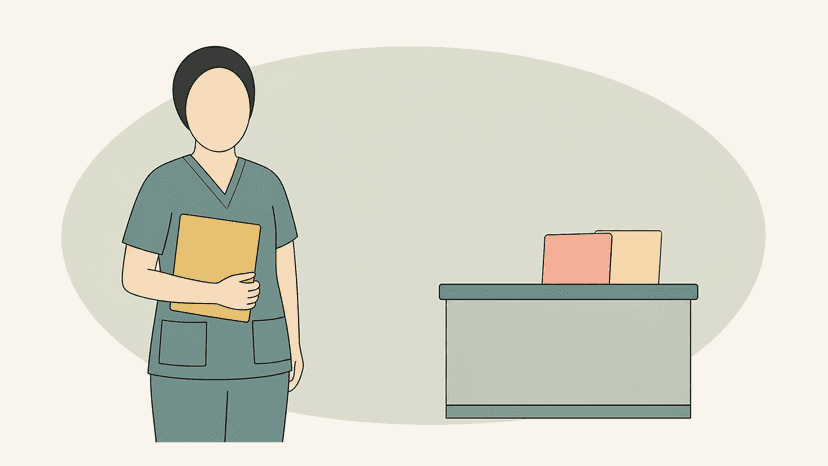 Illustration einer Medizinischen Fachangestellten mit Ordner an einem Praxistresen
