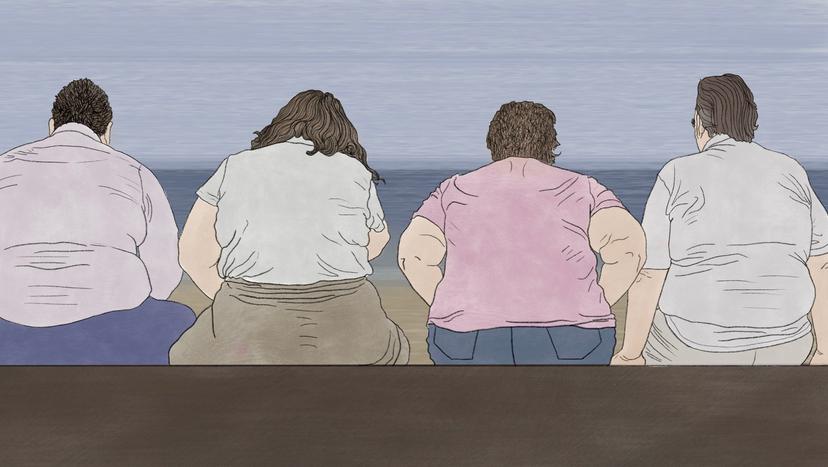 Auf einer Bank sitzen 4 Menschen von hinten gezeichnet mit sichtbar Übergewicht.