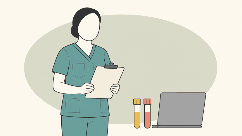 Illustration einer Study Nurse mit Klemmbrett, Probenröhrchen und Laptop
