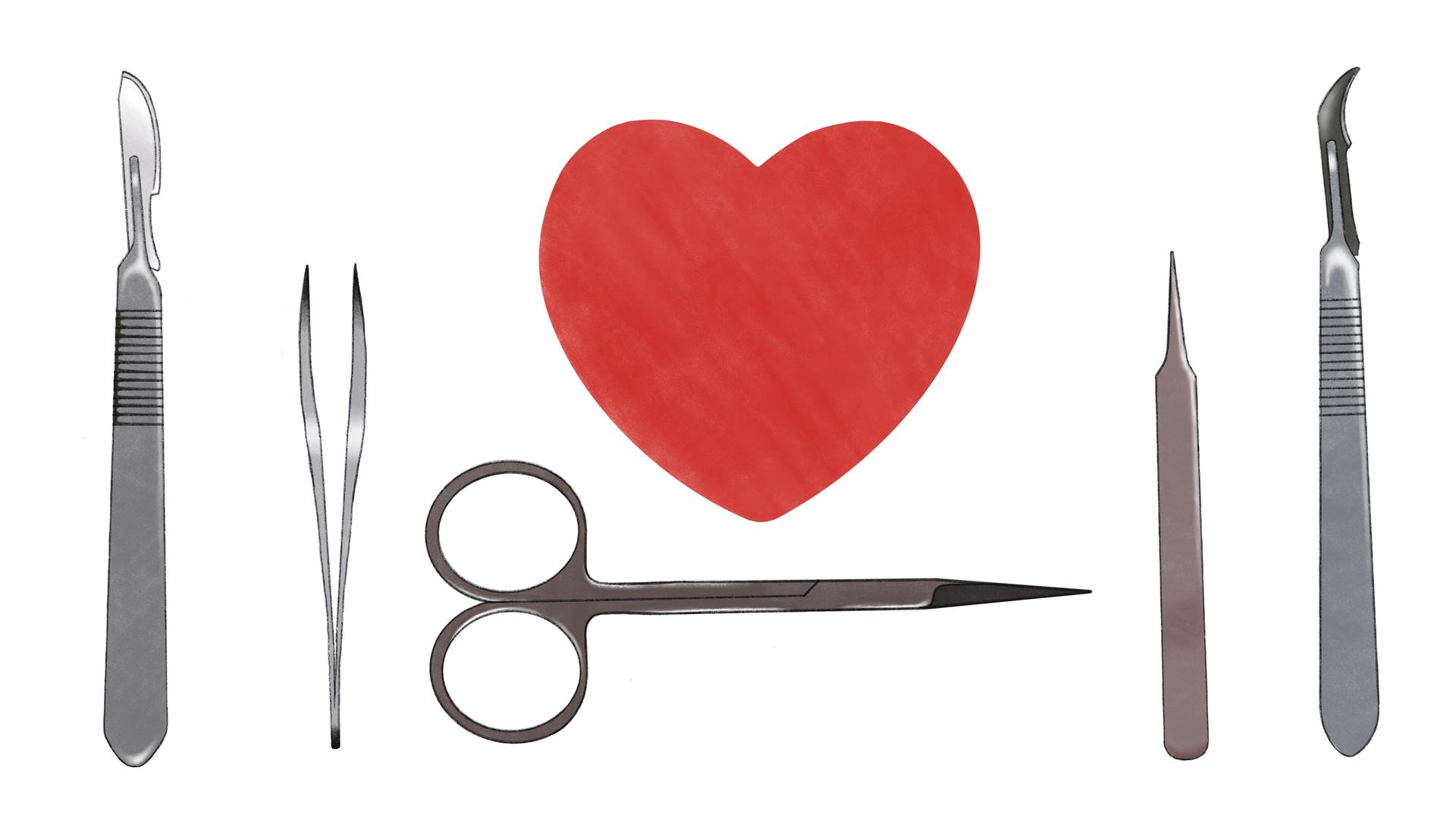 Die Illustration zeigt ein Herz in der Mitte und typische medizinische Geräte die bei Operationen eingesetzt werden.