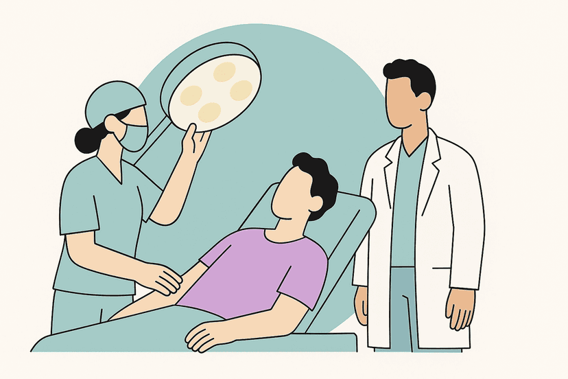 Illustration einer Operationstechnischen Assistenz, die gemeinsam mit einem Arzt einen Patienten auf einer Liege für eine Operation vorbereitet.