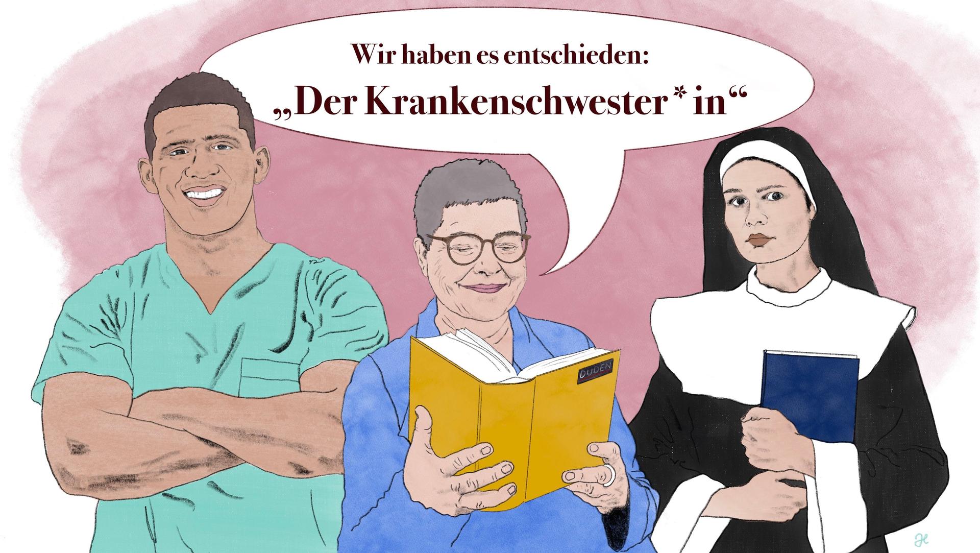 Frau zwischen Krankenpfleger und Nonne erklärt im Scherz Einigung auf den Begriff "Der Krankenschwester*in".