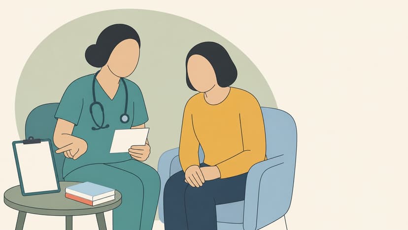 Abstrakte Pflegeexpertin bespricht mit einer Patientin eine leere Assessmentkarte