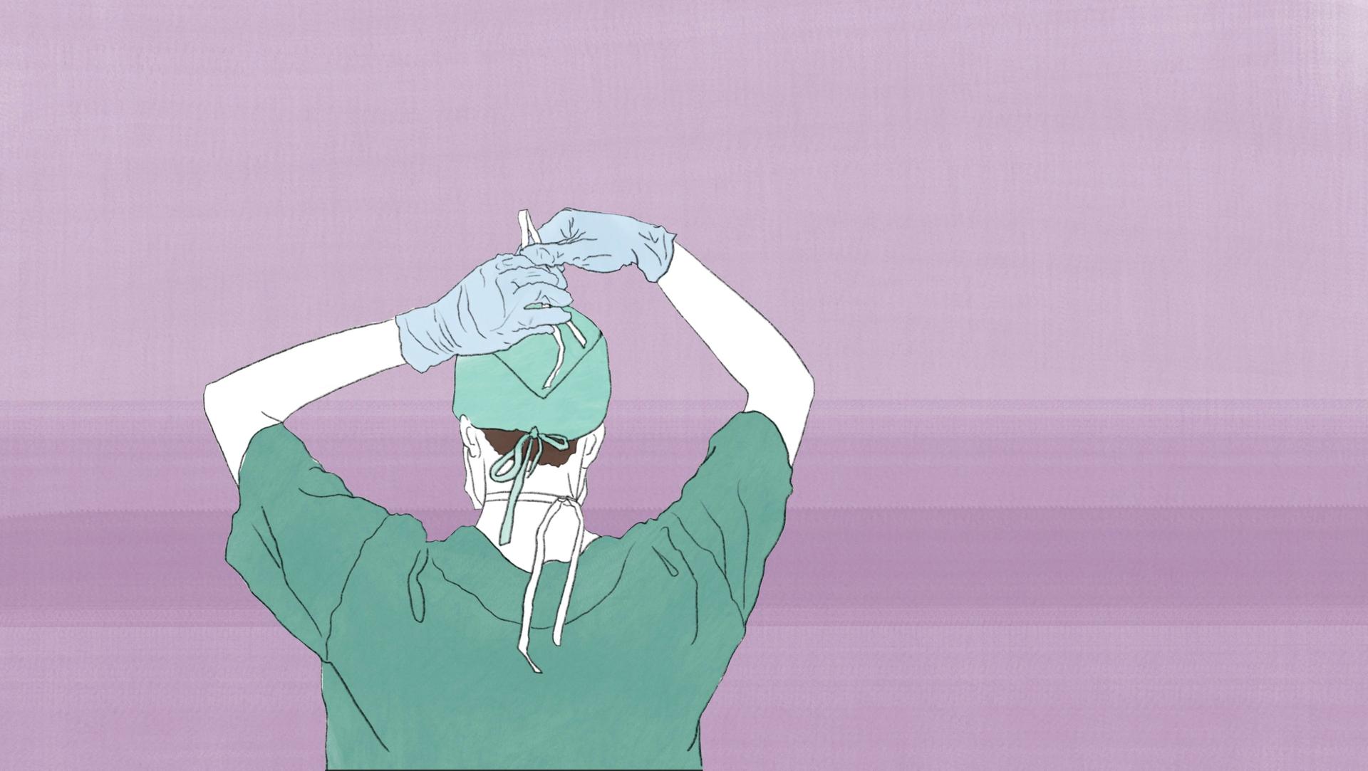 Die Illustration zeigt einen Chirurgen, der sich auf eine Operation vorbereitet.