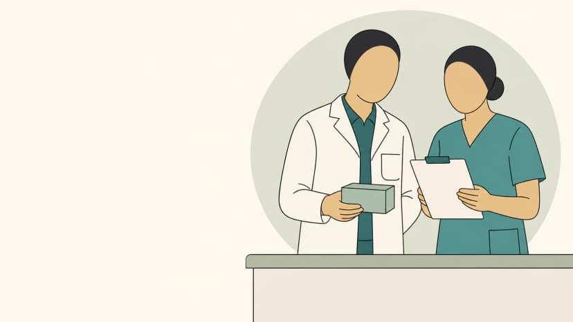 Zwei abstrakte, gesichtslose Mitglieder eines Apothekenteams besprechen eine Arzneimittelpackung und ein leeres Klemmbrett