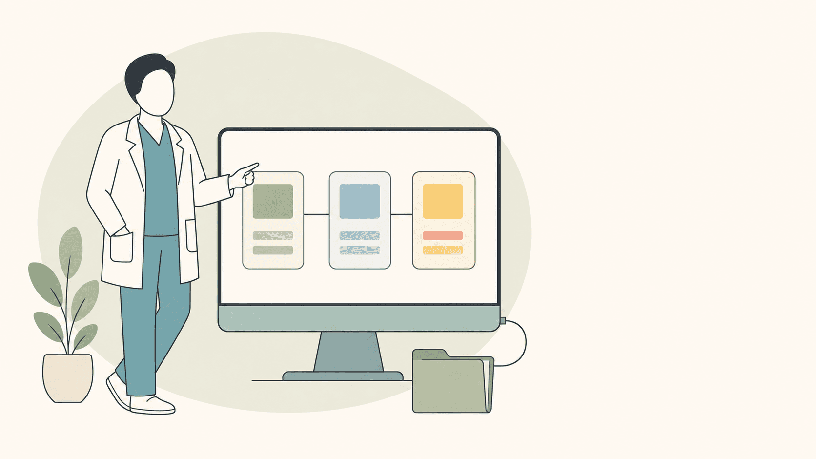 Illustration einer ärztlichen Fachperson vor einem Bildschirm mit verbundenen medizinischen Datenkarten