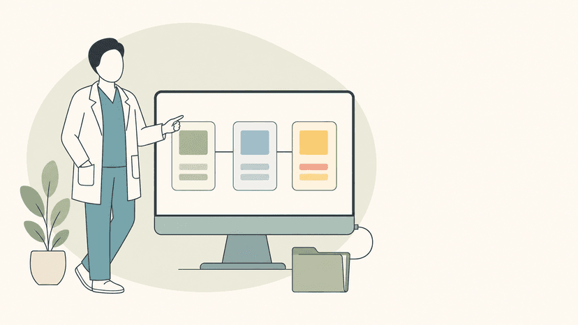 Illustration einer ärztlichen Fachperson vor einem Bildschirm mit verbundenen medizinischen Datenkarten