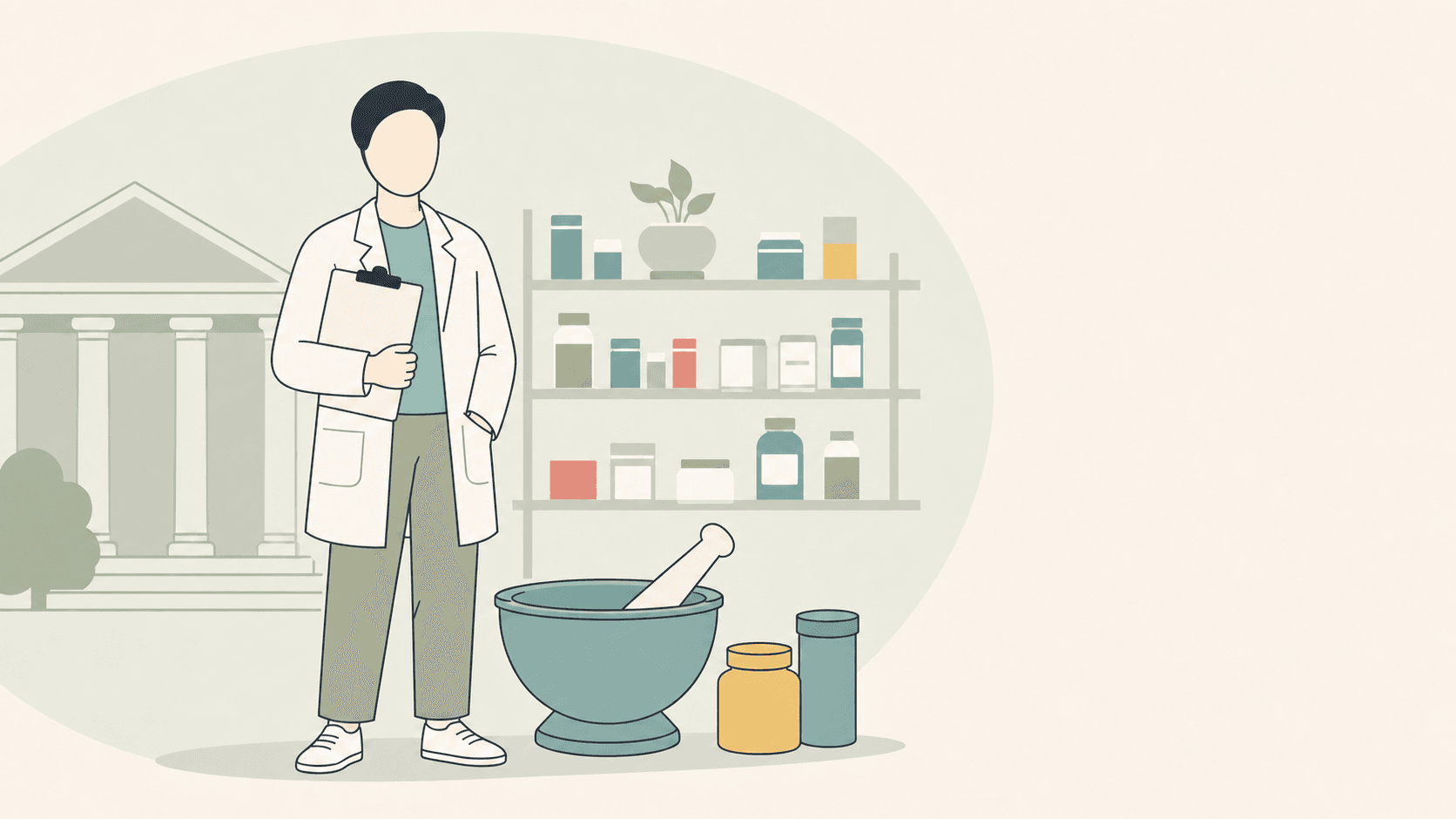 Apotheker werden – Studium und Karriere Illustration einer Person im Kittel mit Klemmbrett, Mörser, Universität und Arzneimittelregal