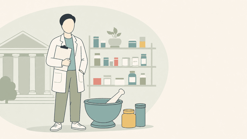 Apotheker werden – Studium und Karriere Illustration einer Person im Kittel mit Klemmbrett, Mörser, Universität und Arzneimittelregal