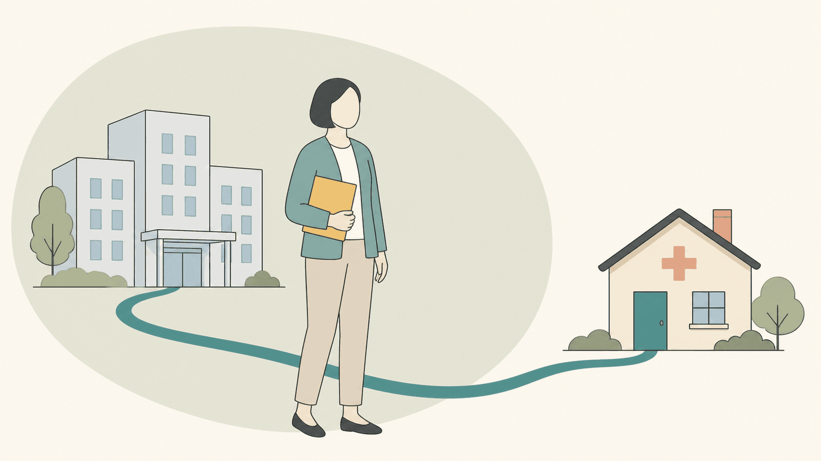 Case Management im Gesundheitswesen Illustration einer Case Managerin zwischen Krankenhaus und anschließender Versorgung zu Hause