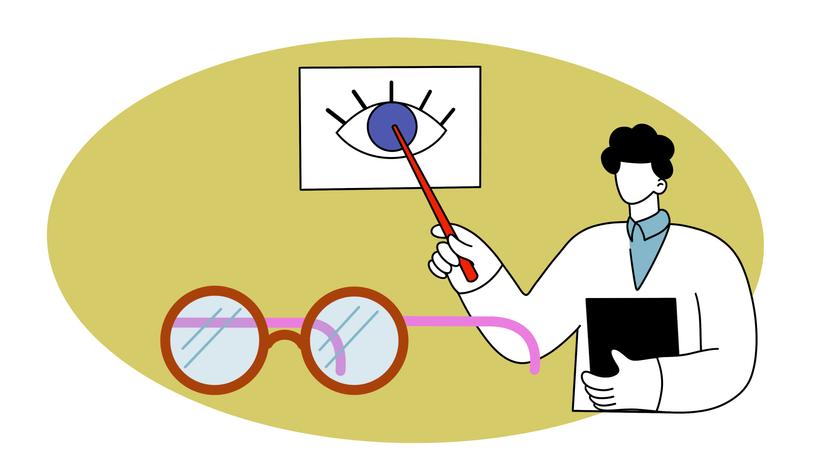 Die Illustration zeigt einen Orthoptist mit den Symbolen seiner Tätigkeit Brille und Auge.