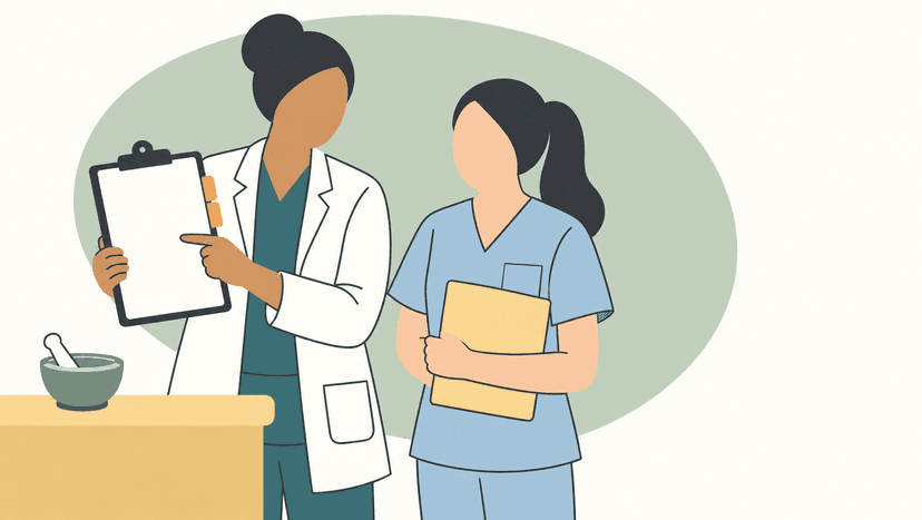 Praxisanleitung für PTA in der Apotheke Flache Illustration von zwei pharmazeutischen Fachkräften bei einer Anleitungssituation mit Klemmbrett und Mörser