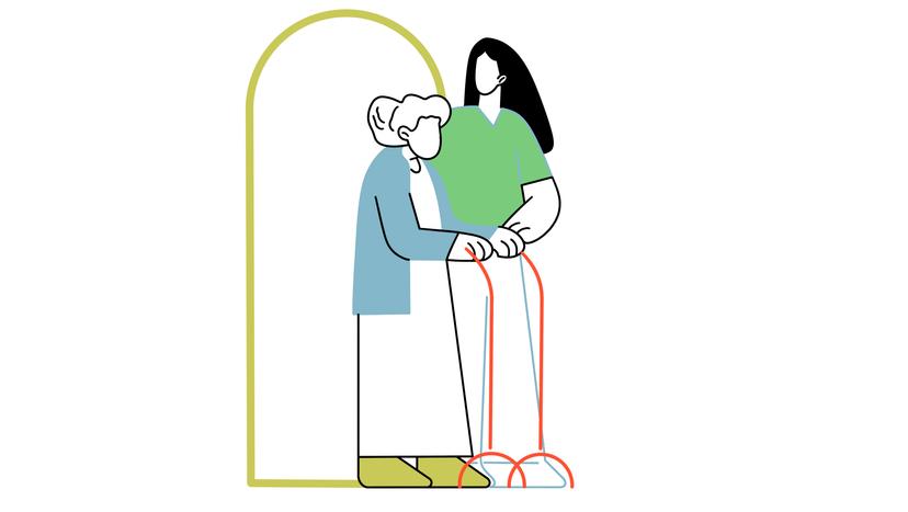 Die Illustration zeigt eine Pflegefachkraft, die eine pflegebedürftige alte Frau betreut.