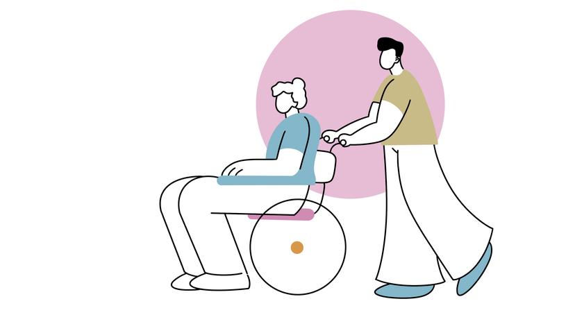 Die Illustration zeigt eine Pflegefachkraft die einen Pflegebedürftigen im Rollstuhl schiebt.