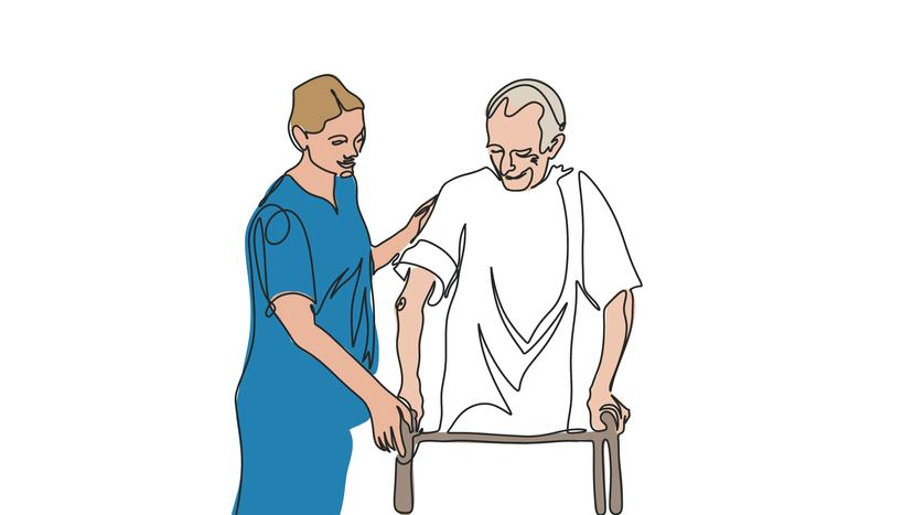 Das Bild zeigt eine Altenpflegerin die einem Heimbewohner beim Gehen hilft.
