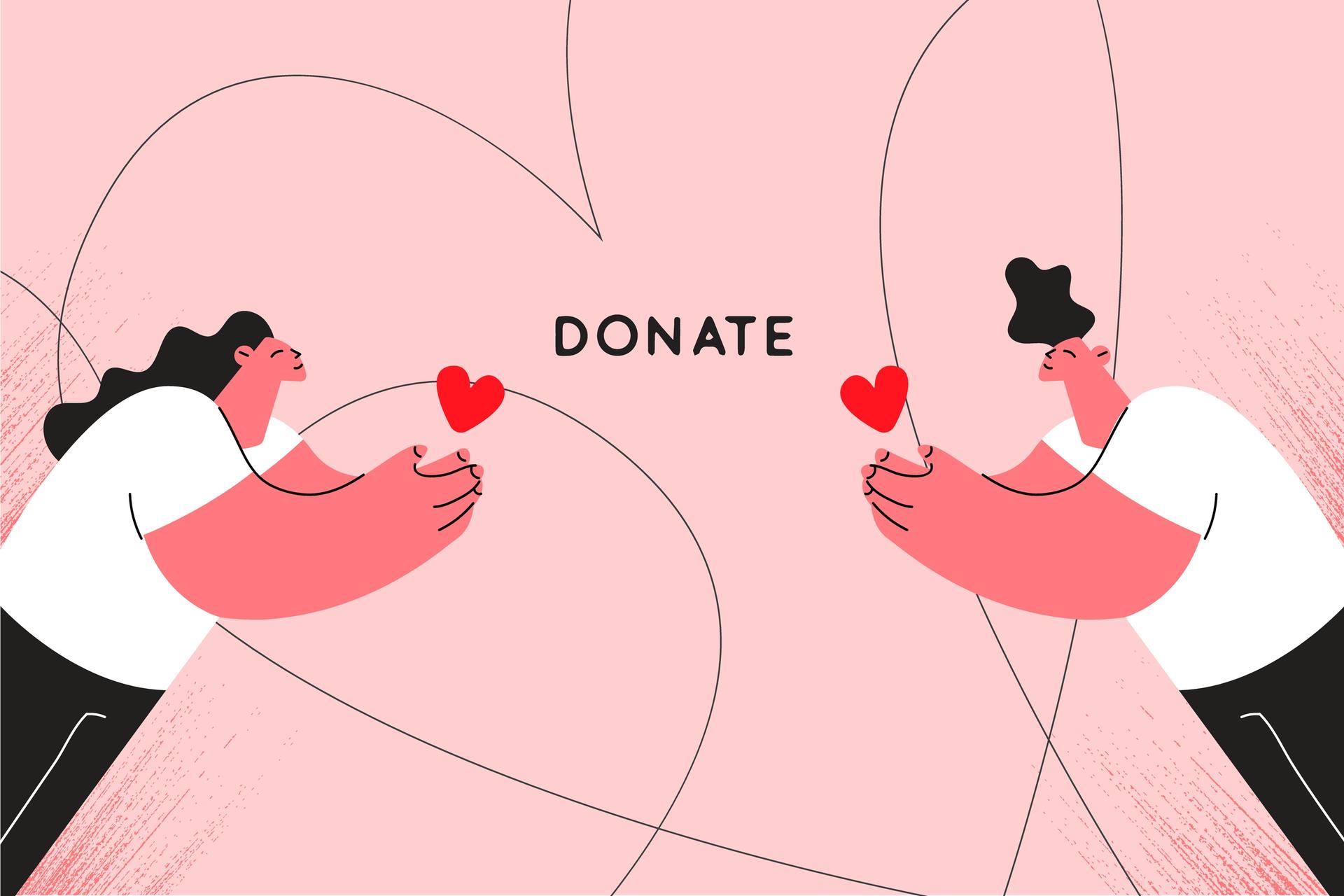 Zwei Personen halten ein rotes Herz in Richtung des mittigen Schriftzuges "Donate".