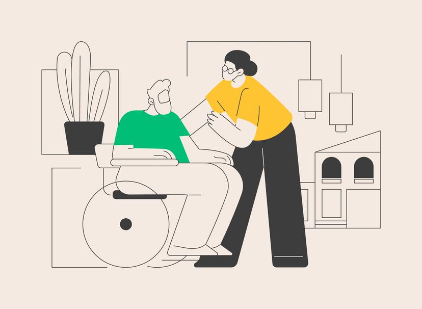 Die Illustration zeigt eine Altenpflegerin mit einem Heimbewohner in einem Rollstuhl .
