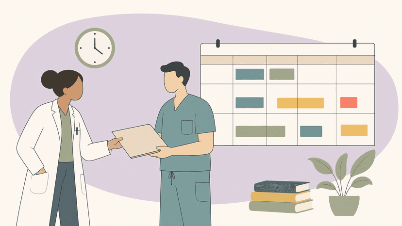 Ärztliche Teilzeit mit verlässlicher Übergabe Zwei Ärzte übergeben eine Patientenakte vor einem Wochenplan mit flexiblen Arbeitszeiten