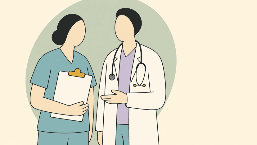 Physician Assistant im ärztlichen Team Abstrakte Darstellung eines Physician Assistant und eines Arztes bei der gemeinsamen Besprechung eines Klemmbretts