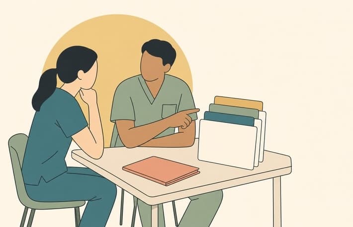 Ärztliche Weiterbildung und Rotationsplanung Illustration zweier medizinischer Fachpersonen, die Unterlagen zur Weiterbildungsrotation besprechen