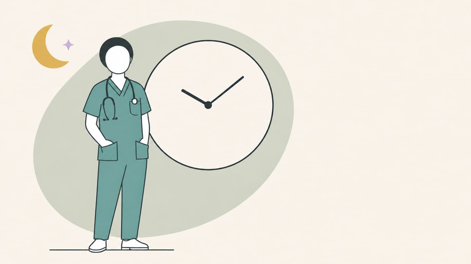 Schichtdienst in der Pflege: Arbeitszeit und Erholung Abstrakte Pflegefachperson neben einer großen Uhr und einem Mondsymbol