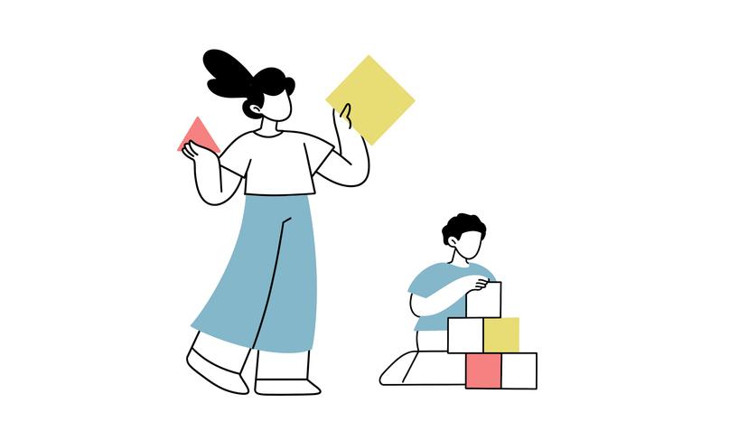 Die Illustration zeigt eine Kinderpflegerin die einen Jungen betreut und mit ihm spielt.