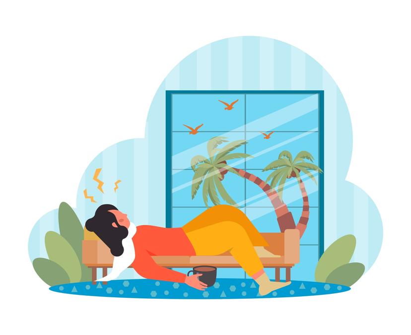 Ein Mann liegt krank auf einem Sofa inmitten von Palmen und Meer.