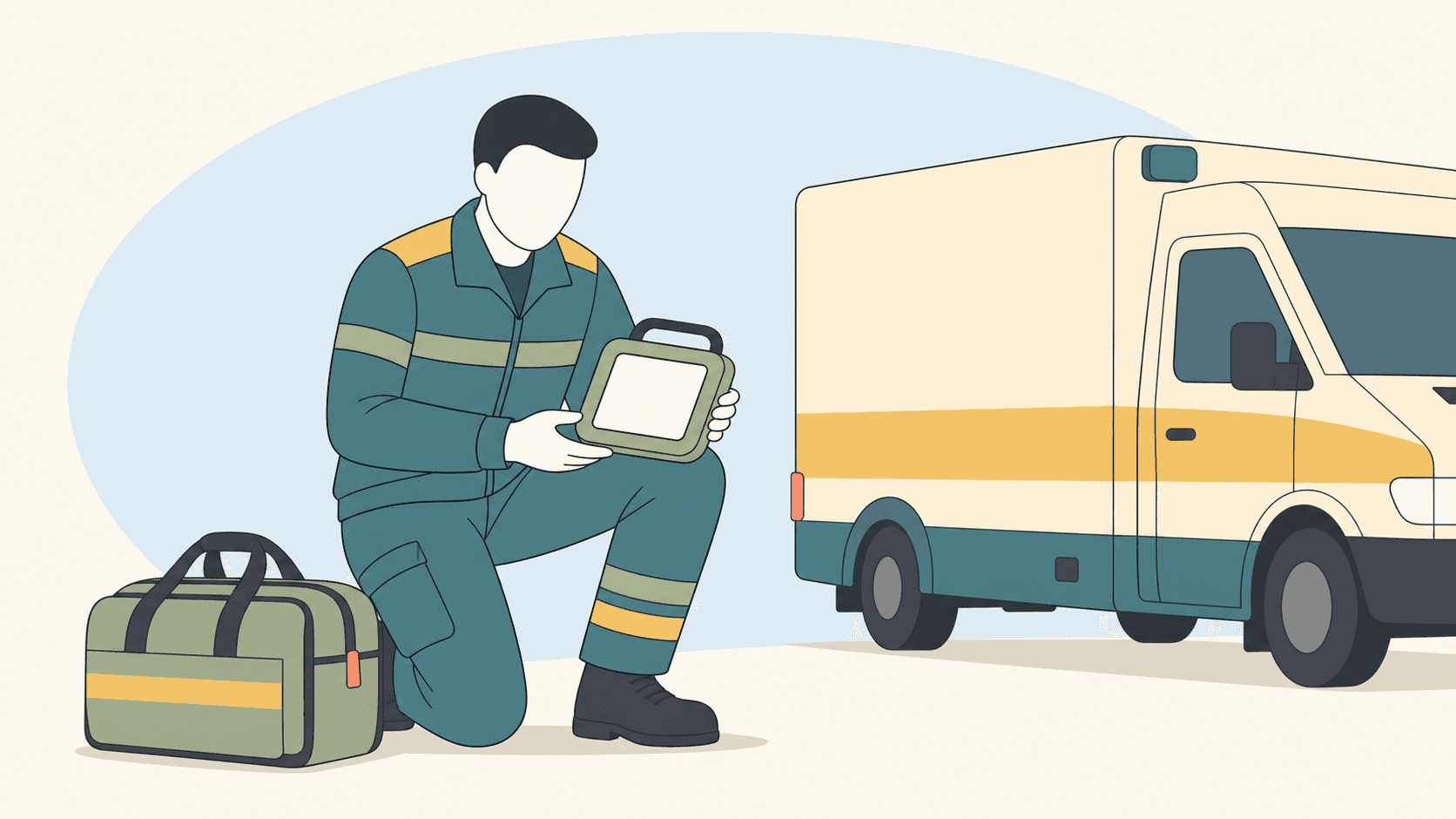Notfallsanitäter im Rettungsdienst Illustration einer knienden Rettungsdienst-Fachperson mit Notfallgerät, Einsatztasche und Rettungswagen