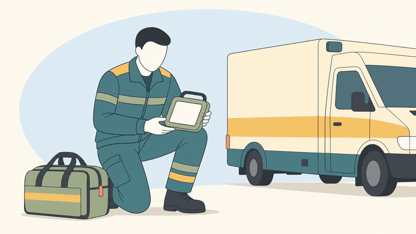 Notfallsanitäter im Rettungsdienst Illustration einer knienden Rettungsdienst-Fachperson mit Notfallgerät, Einsatztasche und Rettungswagen