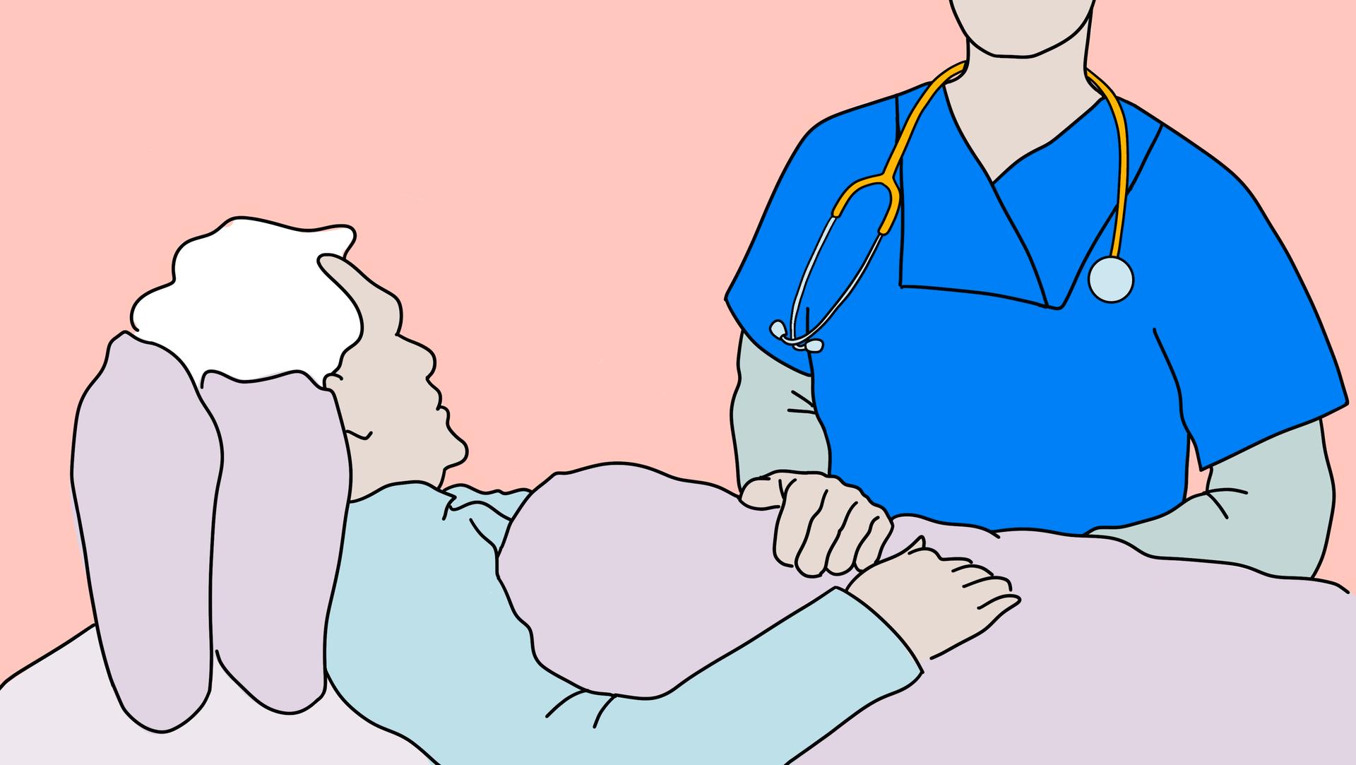 Die Illustration zeigt eine Ärztin, die mit einem Patienten in der Palliativpflege spricht.