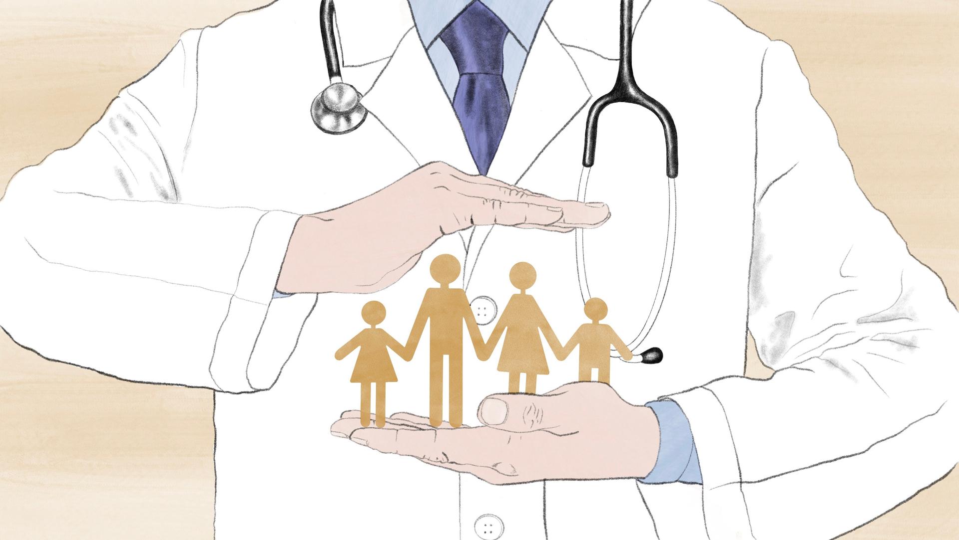 Illustration: Hausarzt versorgt eine 4-köpfige Familie.