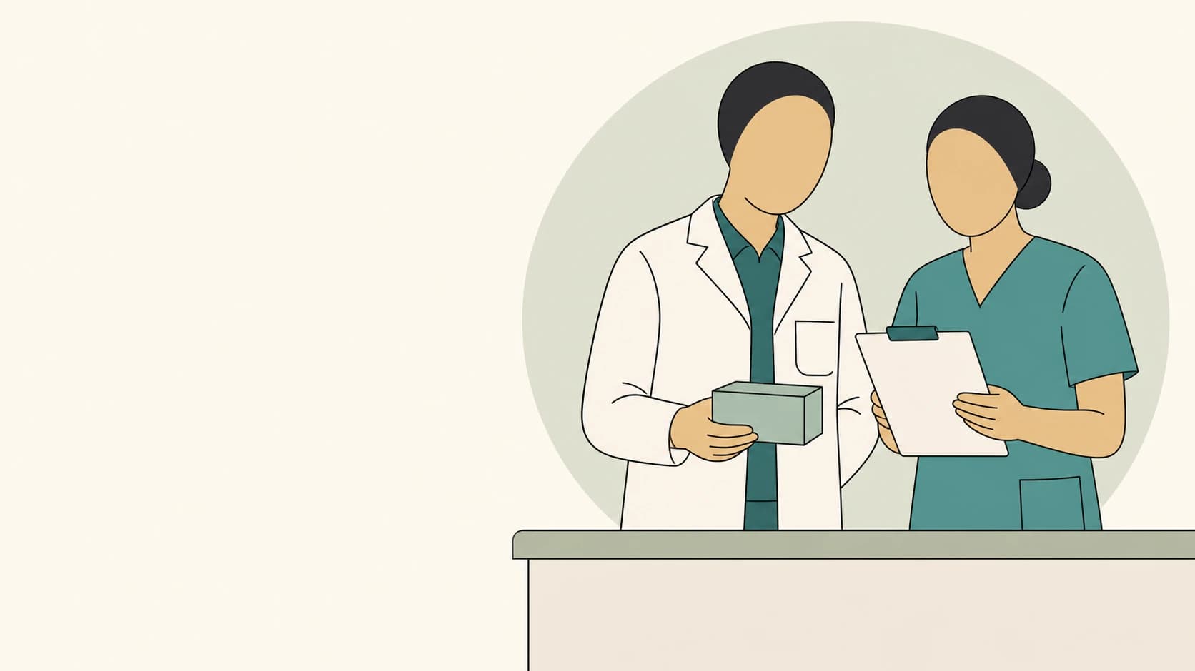 Apothekenreform 2026: neue Aufgaben im Apothekenteam Zwei abstrakte, gesichtslose Mitglieder eines Apothekenteams besprechen eine Arzneimittelpackung und ein leeres Klemmbrett