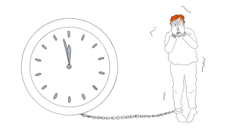 Die Illustration zeigt eine Uhr, kurz vor Jahreswechsel, und ein Mann, der sich vor dem großen Knallen fürchtet.