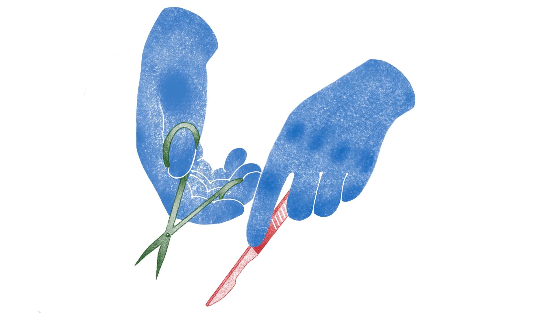 Das Bild zeigt 2 Hände mit Schere und Skalpell.