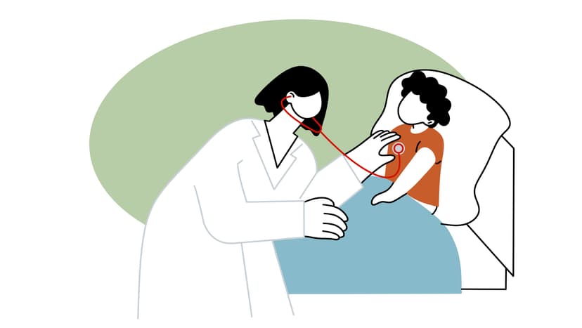 Die beruflichen Aussichten in der Kinder- und Jugendmedizin sind aufgrund der Altersstruktur in der ambulanten und stationären Versorgung sehr gut. Etwa 30% aller Kinderärzte und Kinderärztinnen sind älter als 60 Jahre. Die Illustration zeigt eine Kinderärztin, die ein Kind im Krankenbett mit einem Stethoskop abhört.