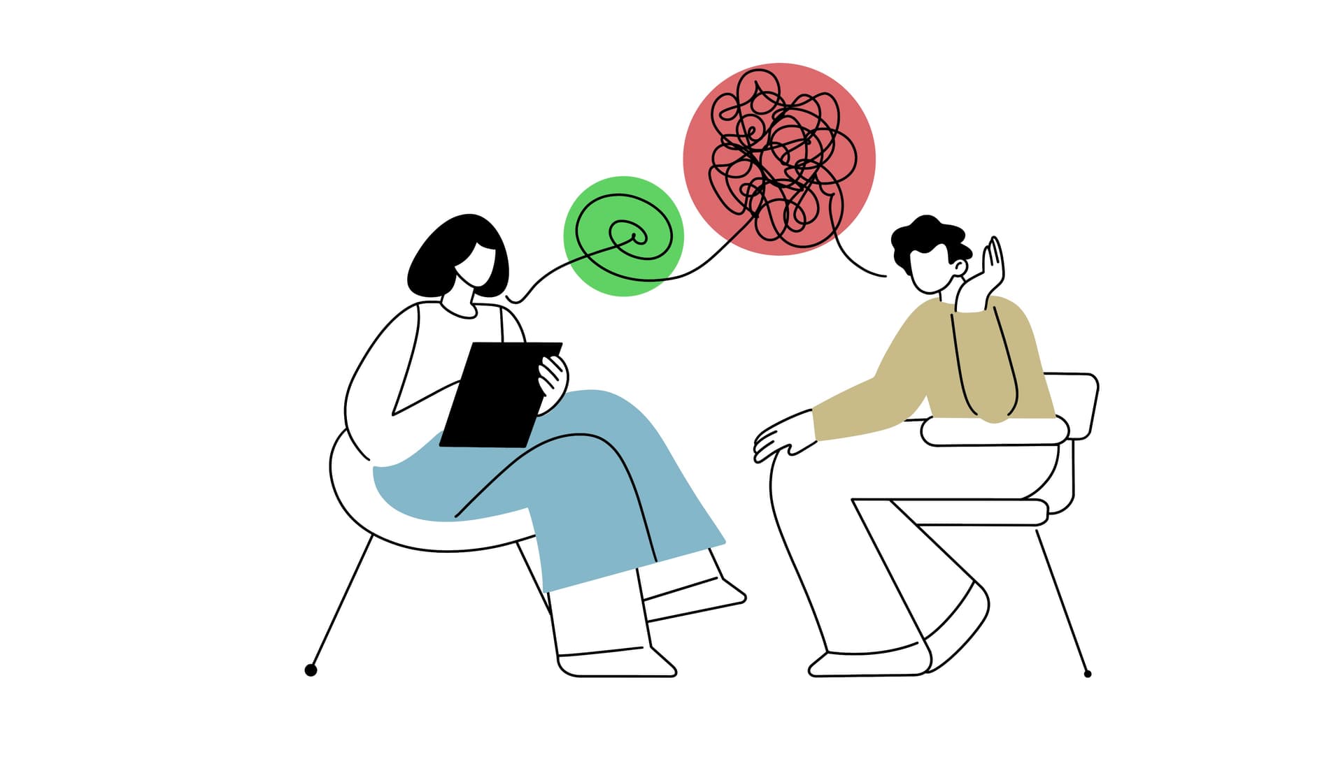 Psychiatrische Institutsambulanzen (PIAs) haben eine zentrale Rolle in der ambulanten Versorgung von Patienten mit schweren psychischen Störungen. Die Illustration zeigt eine typische Gesprächssituation zwischen einem Patienten und seiner Therapeutin.