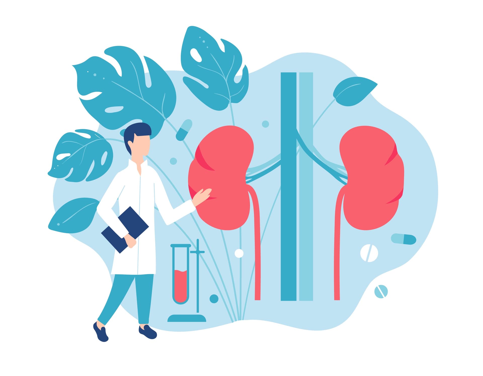 Urologie ist ein wichtiger Fachbereich der Medizin mit guten beruflichen Perspektiven in der ambulanten und stationären Medizin. Die Illustration zeigt einen Urologen, der mit typischen Diagnoseinstrumenten der Urologie abgebildet ist.