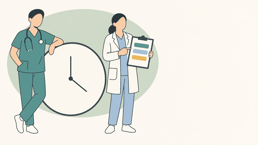 Arbeitszeit und Zeiterfassung im Klinikalltag Flache Illustration von zwei Klinikärzten neben einer großen Uhr und einem Plan zur Arbeitszeiterfassung