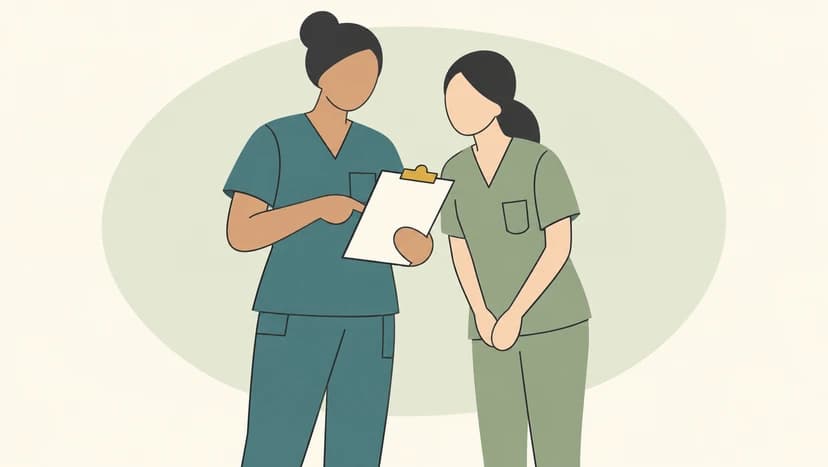 Hospitation im Pflegeteam Zwei vereinfachte Pflegefiguren betrachten gemeinsam ein leeres Klemmbrett; eine zeigt auf das Blatt, die andere beobachtet.