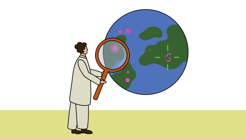 Epidemiologen analysieren statistische Daten, um Muster und Risikofaktoren zu identifizieren, die zur Entstehung von Krankheiten beitragen. Die Grafik zeigt eine Epidemiologin, die mit einer Lupe illustrativ nach Krankheit auf dem Globus sucht.