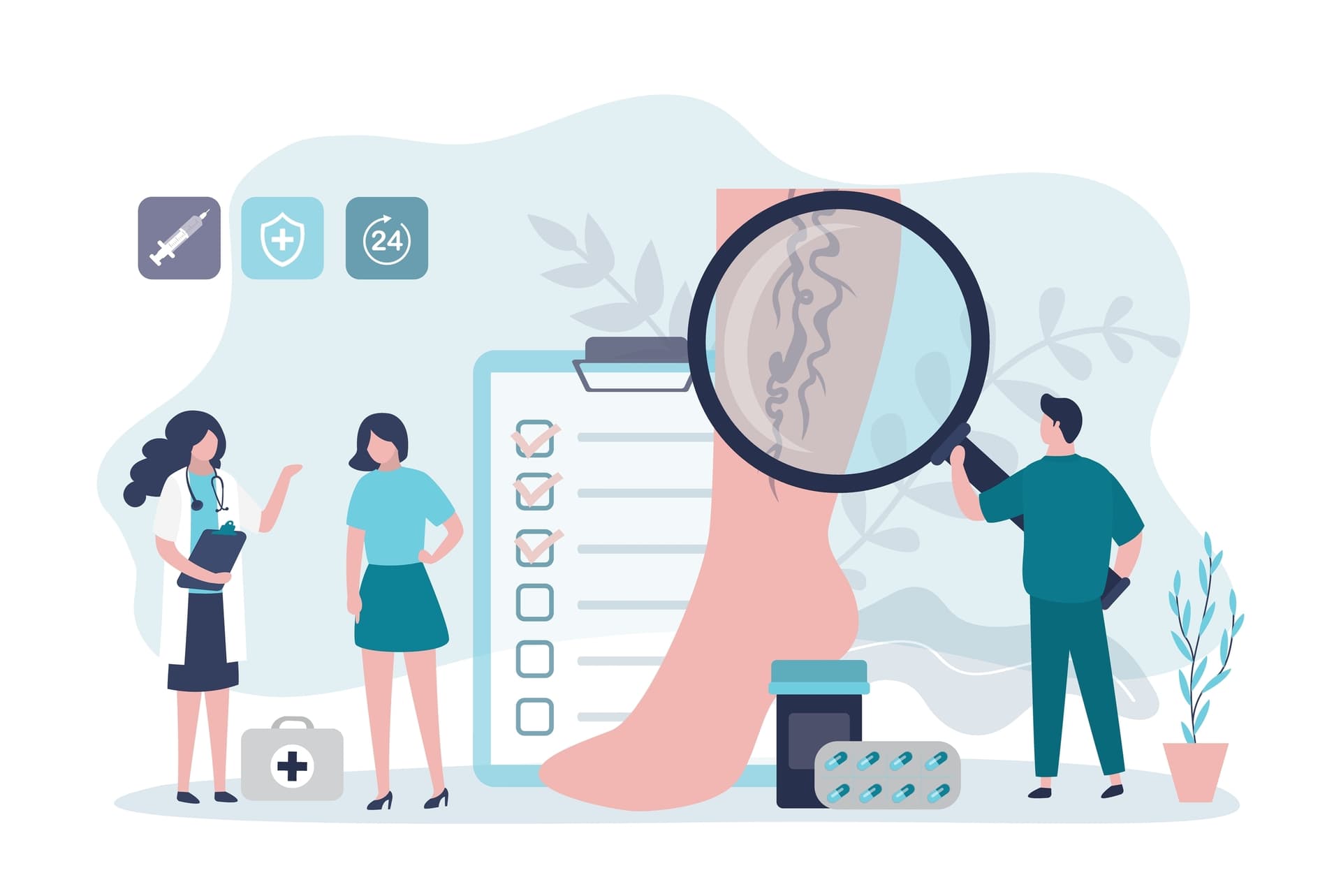 Die Angiologie ist eine Subspezialisierungen der Inneren Medizin und befasst sich mit Erkrankungen der Blut- und Lymphgefäße. Die Illustration zeigt einen Arzt, der mit der Lupe Krampfadern checkt.