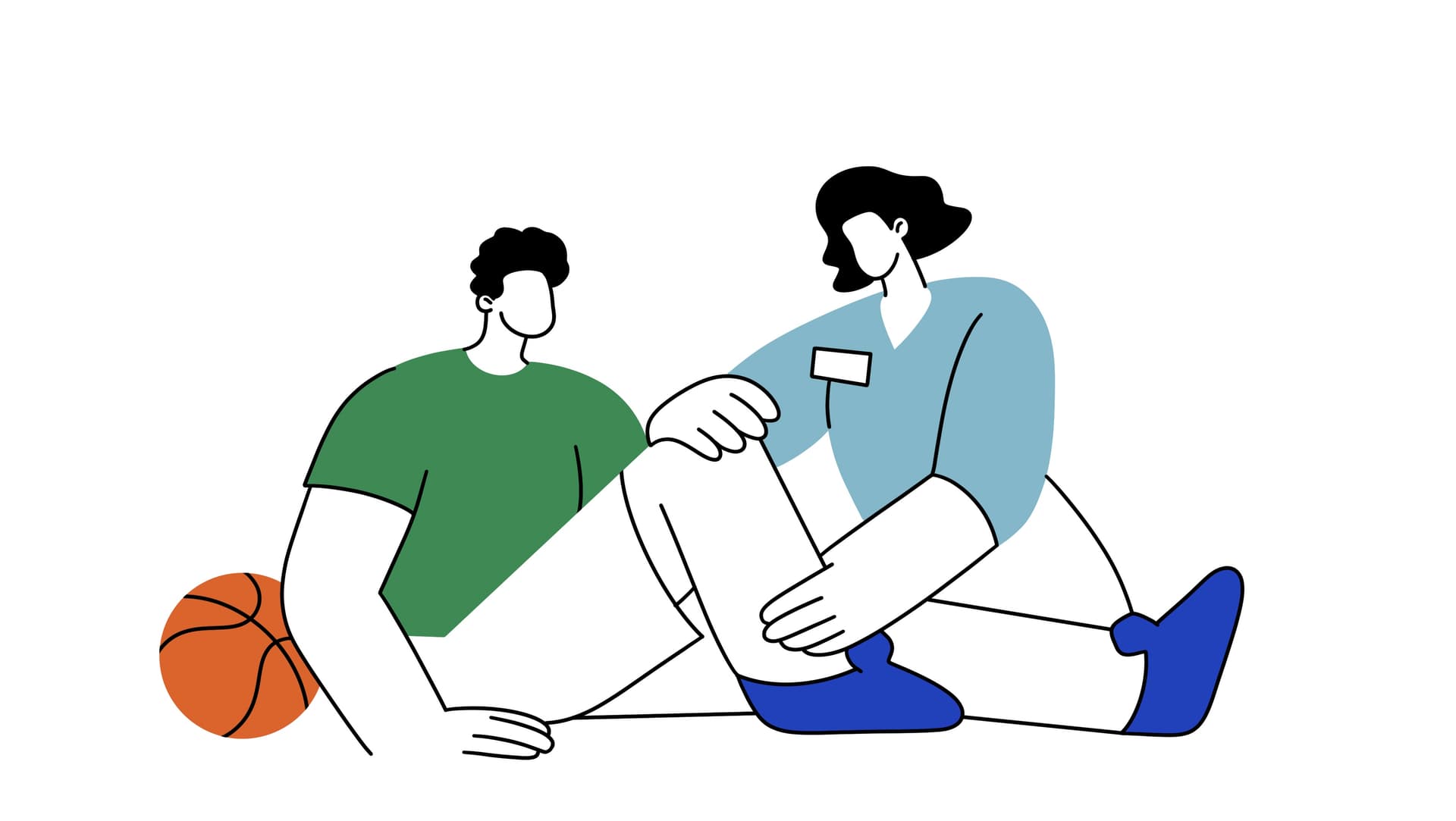Der Arbeitsschwerpunkt bei den therapeutischen Fachkräften liegt auf Maßnahmen zur Rehabilitation und zur Förderung und Verbesserung der funktionalen Fähigkeiten von Patienten. Die Illustration zeigt einen Physiotherapeuten bei der Behandlung eines Patienten auf einer Matte.