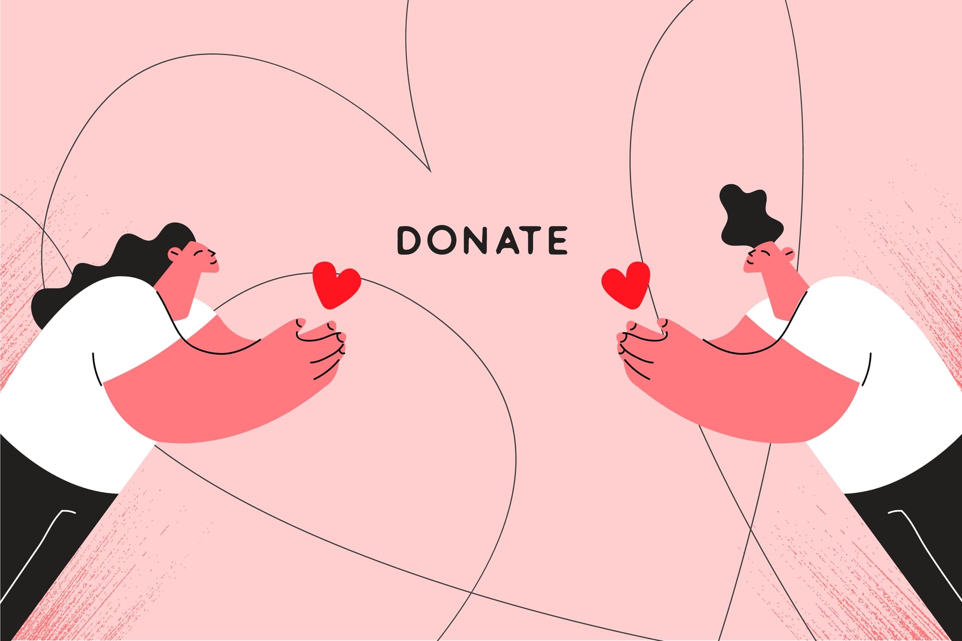 Organspende rettet Leben Zwei Personen halten ein rotes Herz in Richtung des mittigen Schriftzuges "Donate".