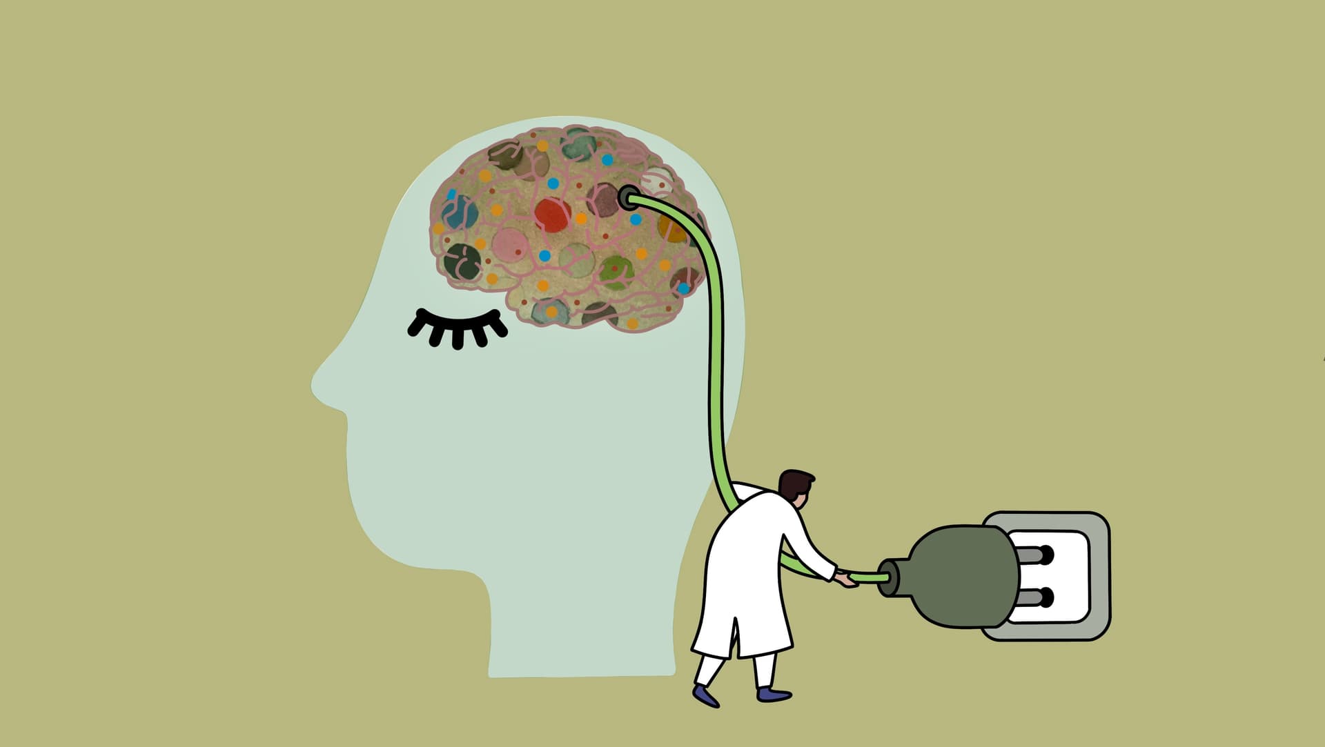Neurologie ist das medizinische Fachgebiet, das sich mit der Diagnose und Behandlung von Erkrankungen des Nervensystems befasst. Die Illustration zeigt einen Kopf und das Gehirn, dass von einem Neurologe behandelt wird.