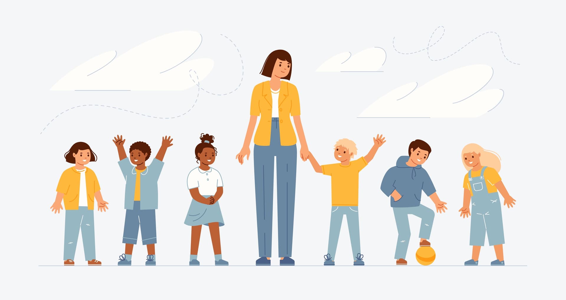 Ausbildung, Gehalt und Berufsbild: Was Sie über den Erzieher-Beruf wissen sollten Die Illustration zeigt eine Erzieherin mit Kindern.