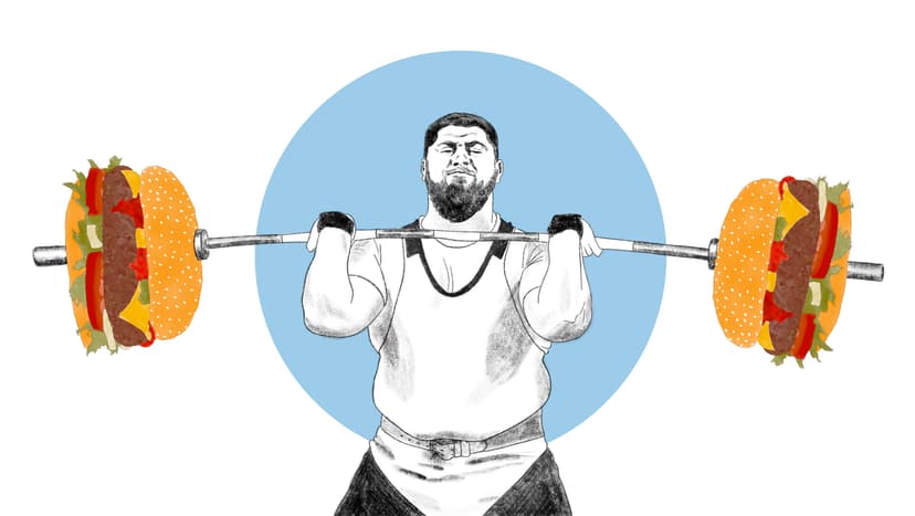 Der Beruf Diätassistent/in ist vielseitig und gewinnt in einer Gesellschaft, die mit zunehmendem Übergewicht konfrontiert ist, an Bedeutung. Die Illustration zeigt einen Gewichtheber der anstatt sie zu essen mit Hamburgern trainiert.