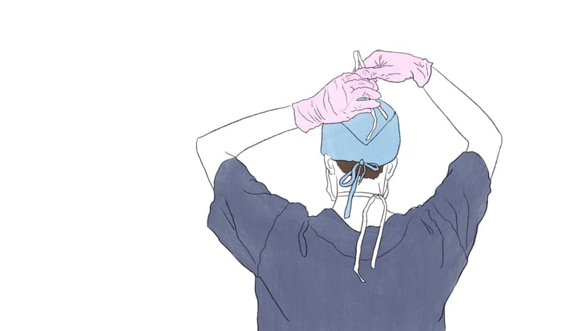 Die Chirurgie ist das größte medizinische Fachgebiet. Chirurgen und Chirurginnen führen sowohl offene als auch minimal-invasive Eingriffe durch. Die Illustration zeigt einen Chirurg der sich den Kopfschutz bindet.