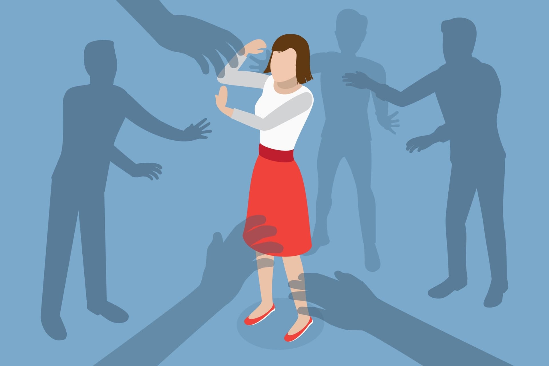 Sexuelle Belästigung ist nicht nur moralisch verwerflich, sondern auch gesetzlich strafbar. Sie äußert sich in unerwünschten, sexuell geprägten Handlungen, die einseitig von einer Person ausgehen. Eine Frau wird von allen Seiten durch schattenhafte Gestalten belästigt.